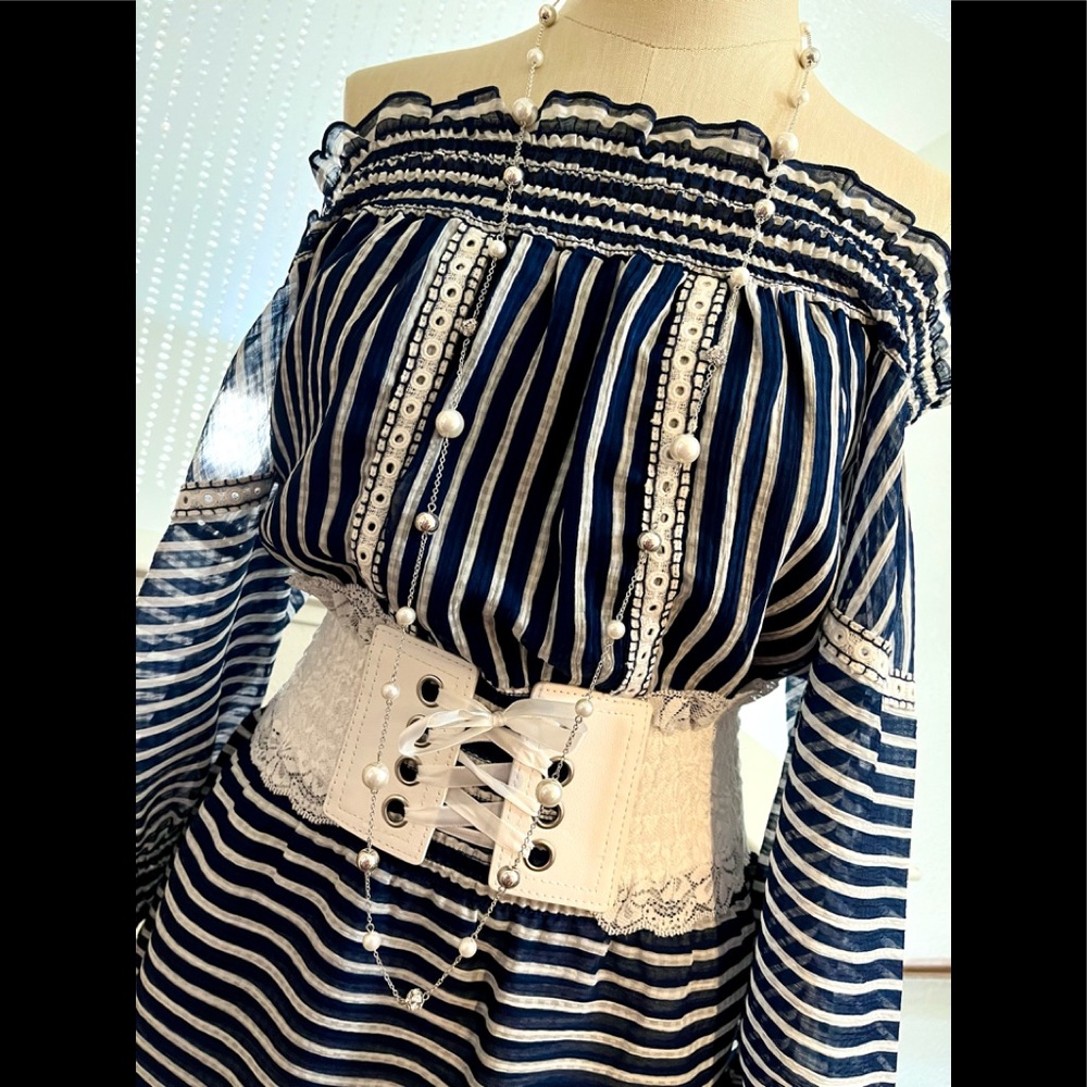 NWT M Parker Blue White Stripped Off Shoulder Dress!!